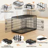 A black metal dog crate with its doors open, displayed on a wooden floor. Several close-up insets highlight different features of the crate, such as its latches, handle, and tray. Produktbild-Vorschau