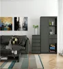 A modern living room scene featuring a dark gray sofa, a coffee table, a chest of drawers, and a tall cabinet with shelves. Produktbild-Vorschau