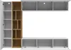 A modular living room furniture set, including a TV stand, wall cabinets, and shelving units, displayed against a white background. Anteprima dell’immagine prodotto