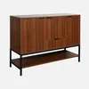 A wooden sideboard with black metal legs and a shelf underneath, presented against a white background. Produktbild-Vorschau
