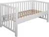 A white baby crib with a wooden slatted base is shown against a white background. Produktbild-Vorschau