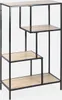 A multi-tiered shelf unit with a black metal frame and wood-effect shelves against a white background. Produktbild-Vorschau