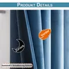 Close-up view of blue velvet curtains with text overlays indicating product features. Produktbild-Vorschau