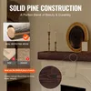 A marketing image showcasing a wooden mantelpiece with decorative items and text highlighting its construction. Produktbild-Vorschau