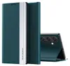 A teal flip case for a smartphone is shown standing upright, with the phone partially visible and propped up behind it. Produktbild-Vorschau