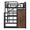 A metal bunk bed with wooden shelves and a cabinet, shown from the front against a white background. Náhled obrázku produktu
