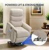 A beige recliner chair is shown in a living room setting, with a close-up inset highlighting its lifting mechanism. Anteprima dell’immagine prodotto