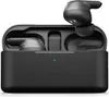 A pair of black true wireless earbuds and their charging case are shown. Produktbild-Vorschau