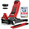 A red and black hydraulic car jack with accessories and a rating badge. Produktbild-Vorschau