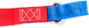A close-up of a red strap with a blue tag and a silver metal ring attached. Produktbild-Vorschau