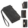 A black wallet-style phone case with a wrist strap is shown from a slightly elevated angle, with close-up insets highlighting the zipper and snap closure. Produktbild-Vorschau