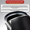 A close-up view of a black electric kettle with its lid open, showing the stainless steel interior. Above the kettle is a marketing banner with text and star ratings. Produktbild-Vorschau