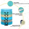 A stack of colorful round cushions with handles, surrounded by illustrative elements and text highlighting product features. Podgląd zdjęcia produktu