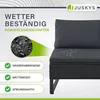 A close-up marketing image of a black outdoor lounge chair with dark gray cushions, highlighting its weather-resistant features with text and graphics. Produktbild-Vorschau