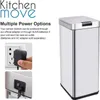 A marketing image showing a silver automatic dustbin with text explaining its power options and close-up images of its power adapter and switch. Produktbild-Vorschau