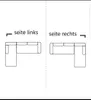 Diagrams showing two configurations of a sectional sofa, labeled 'seite links' (left side) and 'seite rechts' (right side). Produktbild-Vorschau