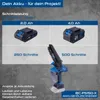 A marketing image showing two battery options for a cordless chainsaw, with details on cutting capacity and number of cuts per charge. Voir les images du produit