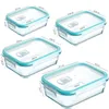 A collage of four glass food storage containers with blue-green lids, each showing dimensions and capacity. Podgląd zdjęcia produktu