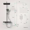 A technical drawing with dimensions of a shower system, alongside a realistic image of the product. Produktbild-Vorschau