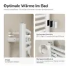 Close-up of a white towel warmer with text overlays highlighting features. Produktbild-Vorschau