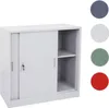 A white metal filing cabinet with sliding doors and shelves, shown against a white background. Color swatches are displayed to the right. Produktbild-Vorschau