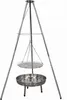 A stainless steel tripod grill with a hanging grate and a fire bowl. Produktbild-Vorschau
