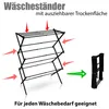 A diagram illustrating a foldable drying rack with arrows indicating its expandable nature and a smaller, folded version of the rack. Produktbild-Vorschau