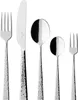 A set of five stainless steel cutlery pieces, including a fork, knife, large spoon, small spoon, and another fork, arranged in a line against a white background. Produktbild-Vorschau