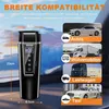 A black travel kettle is shown next to a graphic illustrating its wide compatibility with different vehicles. Produktbild-Vorschau