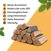 A pile of firewood with text listing its features. Produktbild-Vorschau