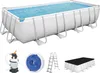 A rectangular above-ground swimming pool with accessories displayed below. Produktbild-Vorschau