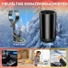 Collage showing a car heater with dimensions, a car interior, a cat with a yellow sweater, a woman working on a laptop, and a car windshield with frost. Produktbild-Vorschau