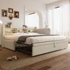 A modern bedroom with a beige daybed extended into a bed, featuring a bookshelf headboard and a pull-out trundle bed. Podgląd zdjęcia produktu
