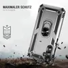 A silver phone case with a ring holder is shown falling onto a rocky surface, with debris flying around it. Text indicates maximum protection. Produktbild-Vorschau