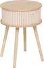 A round, two-door side table with a slatted front and three wooden legs, shown against a white background. Voir les images du produit