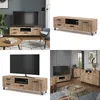 Collage of a wooden TV stand with black accents, shown in different room settings and angles. Podgląd zdjęcia produktu