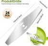A close-up of a grass trimmer blade with dimensions and quantity information, and a partial view of a grass trimmer. Produktbild-Vorschau