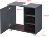 A dark gray bathroom vanity cabinet with its door open, showing internal shelves and dimensions indicated by red lines and text. Anteprima dell’immagine prodotto