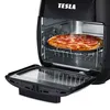 A black Tesla air fryer oven with a pizza inside and the door open. Podgląd zdjęcia produktu