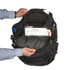 A person is shown opening a black backpack. Produktbild-Vorschau