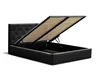 A black upholstered bed frame with the mattress support slats lifted to reveal the storage compartment underneath. Produktbild-Vorschau