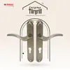 A pair of bronze-colored door handles with a decorative arch and text overlay. Produktbild-Vorschau