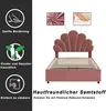 A pink velvet bed with a shell-shaped headboard is shown, with icons and text highlighting its features. Podgląd zdjęcia produktu