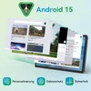 A tablet displaying multiple app windows, with Android 15 branding and feature icons at the bottom. Produktbild-Vorschau