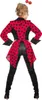 A woman wearing a red and black polka dot jacket and black pants, seen from the back. Produktbild-Vorschau