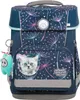A school backpack with a cat image and a plush toy attached. Produktbild-Vorschau