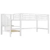 A white metal bunk bed with wooden steps against a white background. Produktbild-Vorschau
