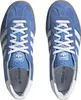 A top-down view of a pair of blue Adidas Gazelle Indoor sneakers with white laces and white stripes. Produktbild-Vorschau