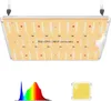 A Spider Farmer LED grow light is shown from a slightly elevated angle, with a spectral graph and a single LED chip below it.