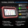 A diagnostic scanner tablet is shown in front of a car engine. Text overlays highlight product features and specifications. Produktbild-Vorschau